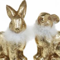 Złoty królik siedzący w kolorze złotym terakota z piórami wys. 20 cm 2 szt.