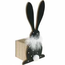 Bunny Planter Box Feather Boa Black, White Dotted Wood Easter Bunny