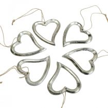 Ozdoba serce do zawieszenia metalowe serce srebrne 7,5 × 8,5 cm 6 sztuk