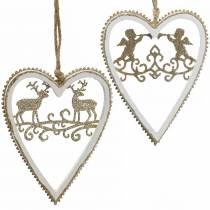 Produkt Serca do zawieszenia z wkładką drewnianą, tworzywo sztuczne białe, złote, Ø9,2cm W12cm 4 szt