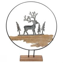 Stojak na pierścionek z dekoracją jelenia, metalowy, drewniany, srebrny Ø38cm