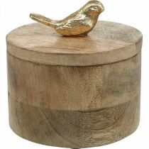 Szkatułka na biżuterię z ptaszkiem, sprężynka, pudełko dekoracyjne z drewna mango, prawdziwe drewno naturalne, złote W11cm Ø12cm