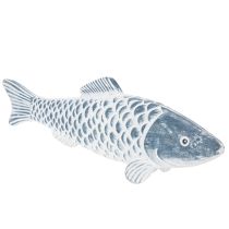 Produkt Drewniana ryba w kolorze niebiesko-białym, dekoracja w kształcie ryby, mączka drzewna, 35 cm, 1 sztuka