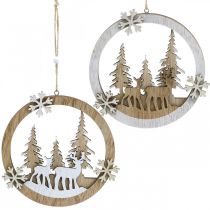 Drewniana przyczepa z jelonkiem, leśna diorama, zimowa dekoracja do powieszenia Ø15cm 4szt