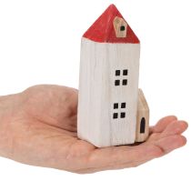 Produkt Dekoracyjny zestaw domków z drewna, czerwony i biały, wieloczęściowa dekoracja zimowa, 13 cm, 6 elementów