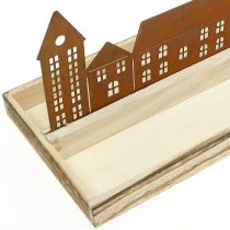 Prostokątna ozdobna drewniana taca z domkami ze stali nierdzewnej o wymiarach 50 × 17 cm
