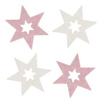 Gwiazda drewniana 3,5cm różowa/biała z brokatem 72szt.