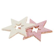 Gwiazda drewniana 3,5cm różowa/biała z brokatem 72szt.