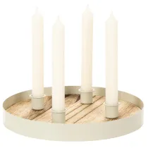 Produkt Świecznik na cztery świece stożkowe, okrągła drewniana taca, 25cm