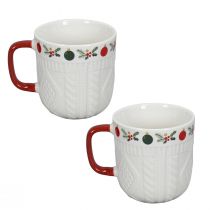 Produkt Ceramiczny kubek bożonarodzeniowy z dzianinowym wzorem i świątecznym dekorem 9cm - czerwono-biały 2szt