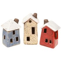 Produkt Ceramiczna dekoracja adwentowa domek kremowo-czerwono-szary 8,5/9,5cm 3 sztuki