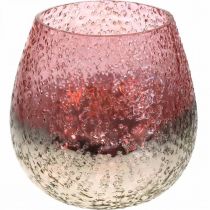Lampion szklany, świecznik, dekoracja stołu, świeca szklana różowa/srebrna Ø15cm H15cm