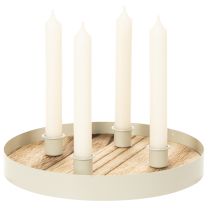 Produkt Świecznik na cztery świece stożkowe, okrągła drewniana taca, 25cm