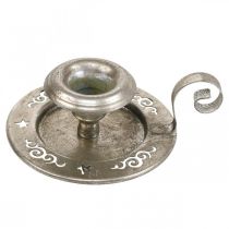 Świecznik metalowy talerzyk na świecę z uchwytem srebrny Ø12cm