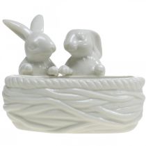 Produkt Króliki z gniazdem, dekoracja stołu, gniazdo wielkanocne, dekoracja porcelanowa, miska dekoracyjna biała dł.15cm wys.11cm