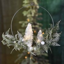 Podświetlany wieniec z jodłami i kulami, Adwent, zimowa dekoracja do powieszenia, pierścień dekoracyjny LED srebrny S45cm Ø30cm