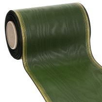 Produkt Wstążka do wieńca Moiré, 150 mm, ciemnozielona ze złotym perłowym brzegiem, splot taftowy, rolka 25 m do dekoracji i projektowania