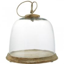 Szklany dzwonek z drewnianą płytą, dzwonek tortowy z jutowym uchwytem W19cm Ø22,5cm