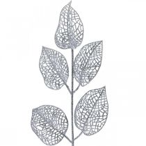 Sztuczne rośliny, dekoracja gałęzi, liść deco srebrny brokat L36cm 10szt