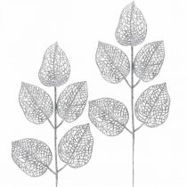 Sztuczne rośliny, dekoracja gałęzi, liść deco srebrny brokat L36cm 10szt