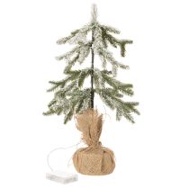 Produkt Sztuczna roślina ze śniegiem, choinka LED w worku jutowym, zasilana bateriami, do użytku wewnątrz pomieszczeń, 50 cm
