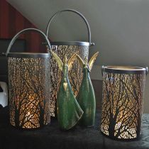 Lampion metalowy, lampion z drzewem, dekoracja jesienna, czarny, złoty Ø20/19/14cm H23,5/17/12,5cm