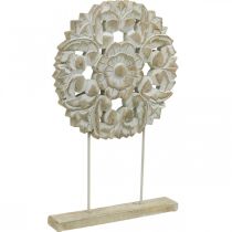 Kwiatowa mandala, drewniana dekoracja do postawienia, letnia dekoracja, dekoracja stołu shabby chic natural, biała W54.5cm Ø34cm