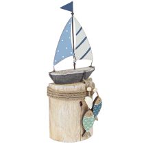 Produkt Dekoracja morska, drewniana żaglówka z rybami, biało-niebieska, wys. 24cm