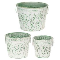 Produkt Doniczki metalowe z uchwytami, doniczki z tłoczeniem, białe, zielone, shabby chic, wys. 20,5/18,5/16 cm, Ø 25,5/20,5/15,5 cm, zestaw 3 szt.