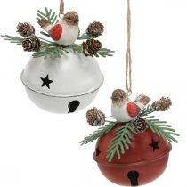 Dzwoneczki z Robinem, Ptasia dekoracja, Zima, Deco Dzwoneczki na Boże Narodzenie Biały/Red Ø9cm H10cm Zestaw 2 szt.