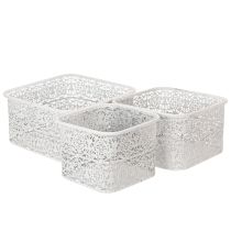 Produkt Metalowe miski z koronkowym wzorem, pojemnik dekoracyjny, kwadratowy, styl shabby chic, biały, 27/23/19 cm, wys. 13,5 cm, zestaw 3 szt.