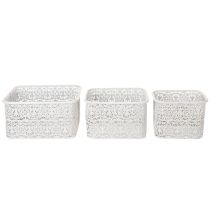 Produkt Metalowe miski z koronkowym wzorem, pojemnik dekoracyjny, kwadratowy, styl shabby chic, biały, 27/23/19 cm, wys. 13,5 cm, zestaw 3 szt.