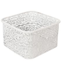 Produkt Metalowe miski z koronkowym wzorem, pojemnik dekoracyjny, kwadratowy, styl shabby chic, biały, 27/23/19 cm, wys. 13,5 cm, zestaw 3 szt.