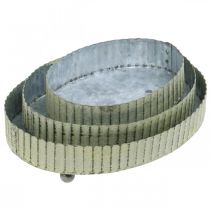 Produkt Taca do dekoracji, podstawka na świece owalna, metalowa dekoracja srebrna, zielona shabby chic Dł. 25/22/18cm Wys. 6cm zestaw 3 szt.