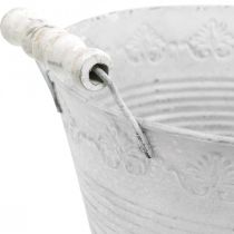 Naczynie metalowe, miska ozdobna z wzorem, doniczka z drewnianymi uchwytami biała, srebrna Ø21,5cm W14,5cm S24,5cm