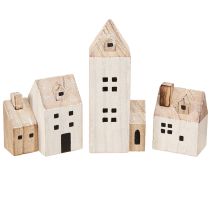 Produkt Miniaturowa wioska bożonarodzeniowa drewniana dekoracja biała naturalna wys. 13/7cm 6 szt.
