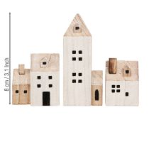 Produkt Miniaturowa wioska bożonarodzeniowa drewniana dekoracja biała naturalna wys. 13/7cm 6 szt.