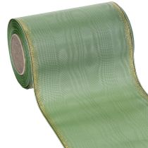 Produkt Wstążka do wieńców Moiré w kolorze szałwiowo-zielonym ze złotym brzegiem, 150 mm x 25 m, dekoracyjna wstążka do florystyki i wieńców