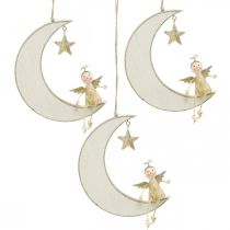 Produkt Dekoracja adwentowa, Anioł na księżycu, drewniana dekoracja wisząca biała, złota H14,5cm W21,5cm 3szt.