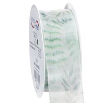 Produkt Wstążka organza, wstążka szyfonowa, gałązki liściaste, zielona, 40 mm, 15 m
