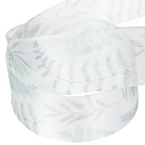 Produkt Wstążka organza, wstążka szyfonowa, gałązki liściaste, zielona, 40 mm, 15 m