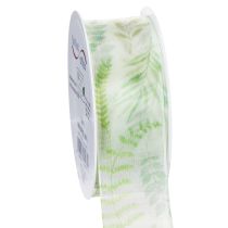 Produkt Wstążka organza, wstążka szyfonowa, zielona z wiciami liściowymi, szerokość 40 mm, długość 15 m