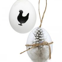 Dekoracja wielkanocna, jaja kurze do zawieszenia, jaja dekoracyjne z piórami i kurczakiem, brązowy, niebieski, biały zestaw 6 sztuk