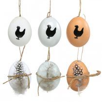 Ozdoby wielkanocne, kurze jajka do powieszenia, ozdobne piórka i kurczaki, brązowy, niebieski, biały zestaw 6