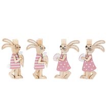 Produkt Dekoracyjne klipsy w kształcie zajączka wielkanocnego, różowo-białe drewniane ozdoby wielkanocne, 7,5 cm, 4 sztuki