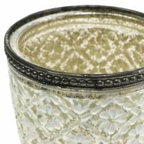 Lekki szklany kubek do herbaty rustykalny srebrny kwiatowy Ø9cm W13,5cm