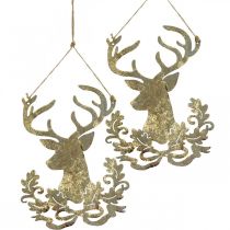 Produkt Renifer do zawieszenia, dekoracja świąteczna, głowa jelenia, metalowy wisiorek w kolorze złotym, antycznym, wys. 23 cm, 2 sztuki