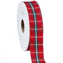 Produkt Rustykalna wstążka w kratkę w kolorze czerwonym do dekoracji świątecznych, szerokość 25 mm, długość 15 m