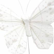 Motyl z piór na druciku biały z brokatem 10cm 12szt.