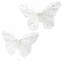 Motyl z piór na druciku biały z brokatem 10cm 12szt.